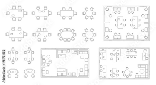 Collection of top-down office and conference room layout designs for modern workspaces and meeting areas