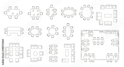 Top-down view of various furniture arrangements for offices and meeting rooms, including desks, chairs, sofas, and tables, illustrating efficient spatial planning and layout designs