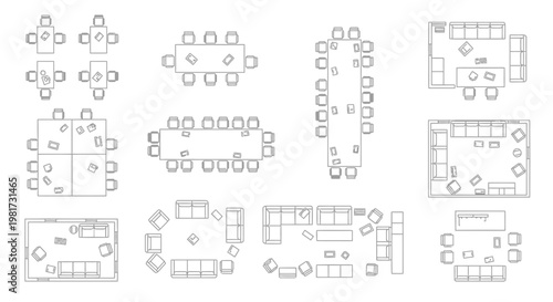 Top-down architectural blueprints of various seating arrangements including conference tables, office desks, and lounge areas