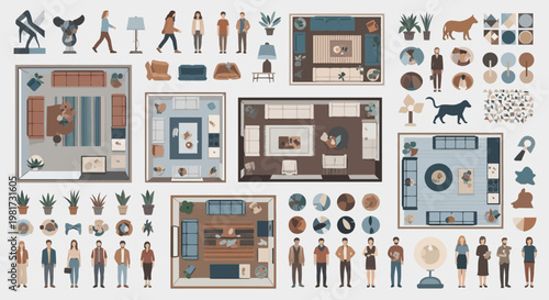 Top-down view of stylishly decorated living rooms and modern office spaces with diverse groups of people and pets