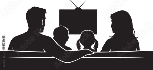 Family Watching TV Silhouette, Lifestyle Black Vector Isolated on White Background