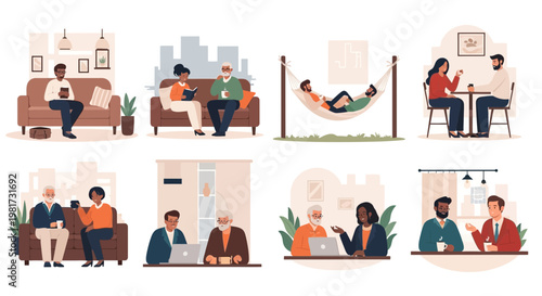 Illustrations portraying diverse human interactions in modern life, showcasing people socializing, collaborating, and relaxing in various settings, reflecting contemporary lifestyles