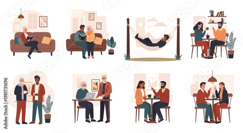 Collection of illustrations depicting people in various social and recreational activities