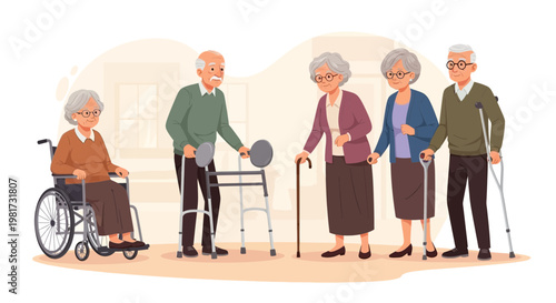 A diverse group of elderly individuals in varying stages of mobility, including a wheelchair user and those with walking aids, illustrating active aging and support