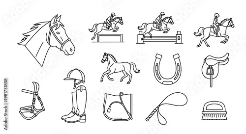 Equestrian equipment and horse riding icons with saddle, bridle, boots, and horseshoe for sports and leisure activities