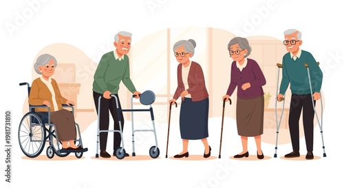Illustration of diverse elderly people of various ages and abilities, including those using mobility aids, in a warm and inviting setting