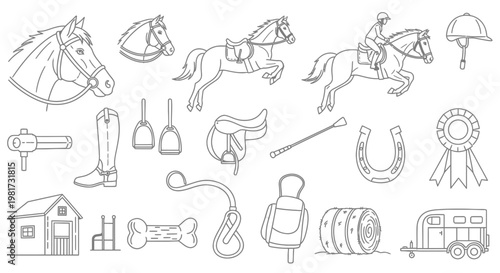 Collection of equestrian equipment and symbols, including horses, riding gear, and stable accessories, hand-drawn style