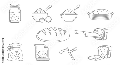 Collection of line art icons representing baking ingredients and bread-making process, ideal for culinary websites and food blogs
