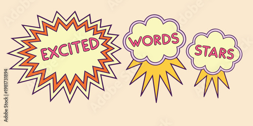 Comic book style speech bubbles with excited words and stars on beige