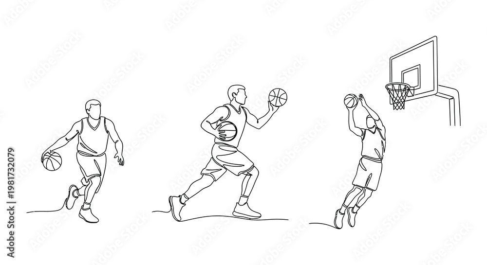Fototapeta premium Line art illustration depicting basketball players in various action poses