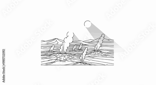 Geothermal landscape with steaming vents under a sunlit sky