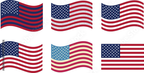 American flag collection showcases various stylized waving and flat orientations for diverse patriotic layouts.