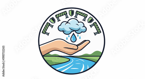 Hand catches rain from cloud above a river, framed by barriers