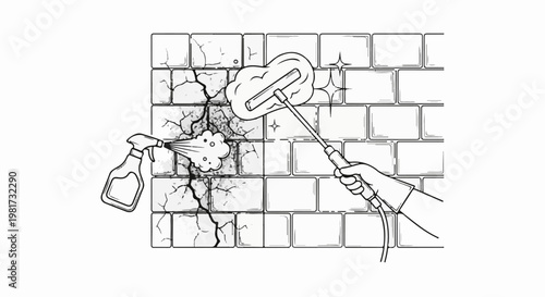 Hand cleaning cracked brick wall with spray bottle and sponge