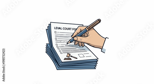 Hand filling out court form with gavel on stack of papers