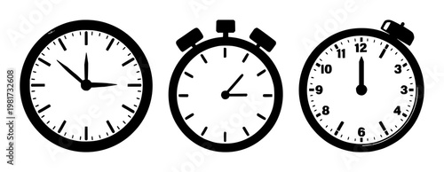 Clock set with solid black icon on white background featuring time, clock face, hour hand with illustration and vector icon