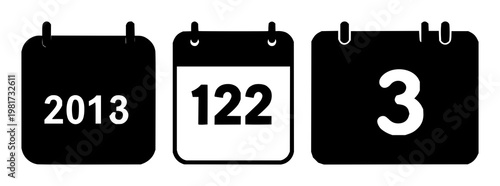 Calendar date icon set with solid black graphic on white background featuring date, calendar, timekeeping with icons and design
