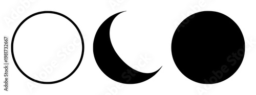 Night mode moon icon set with solid black silhouette on white background featuring lunar phase, nocturnal theme, minimalist graphic with iconography and vector design