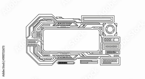 Futuristic digital interface panel with screens, buttons, and data displays