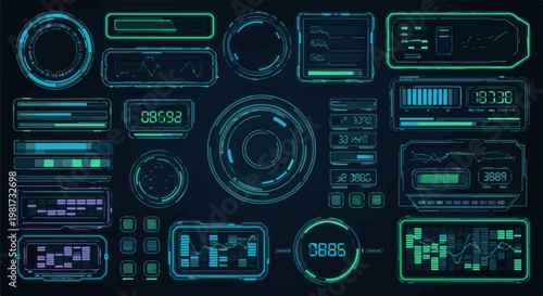 Futuristic digital interface with various glowing data displays and charts