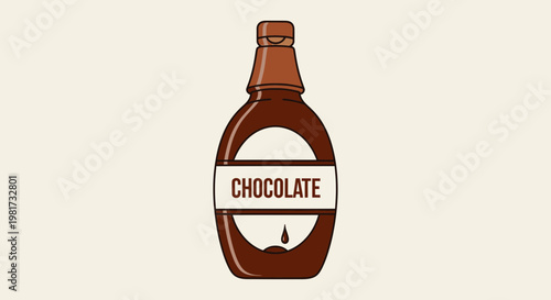 Chocolate Syrup Bottle with Label and Drip, Vector Illustration