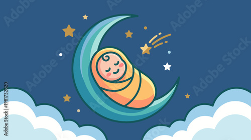 The adorable baby peacefully sleeping on a crescent moon symbolizes tranquility and innocence, capturing the essence of childhood dreams and the wonder of the night sky.