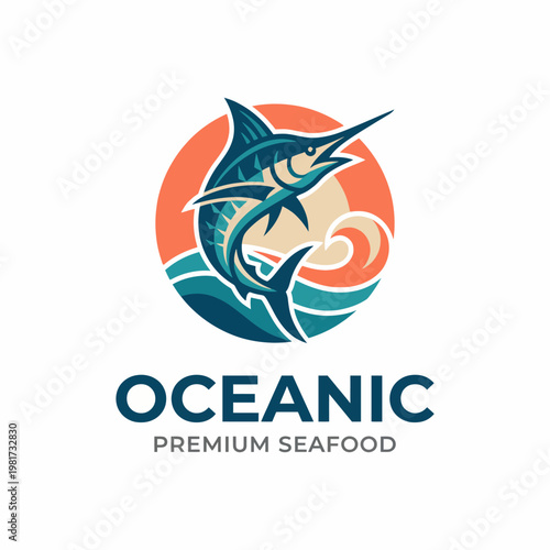 This striking marlin logo with ocean waves is designed for seafood brands, emphasizing premium quality and freshness in the culinary industry.