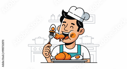 Enthusiastic chef joyfully eats fried chicken and eggs with a fork