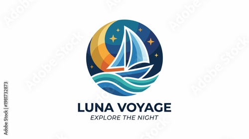 A beautifully designed sailboat illustrated against a night sky filled with stars and a crescent moon symbolizes explorations and adventures on the water.