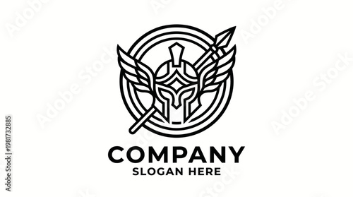 An eye-catching logo design featuring a warrior's helmet and spear, symbolizing strength and determination, ideal for companies looking to convey authority and reliability.
