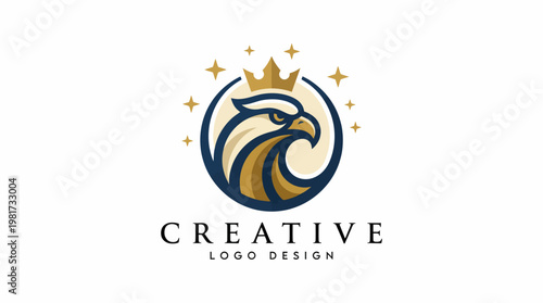 A powerful logo design showcasing a fierce eagle adorned with a crown and stars, symbolizing strength, excellence, and leadership in a striking visual format.