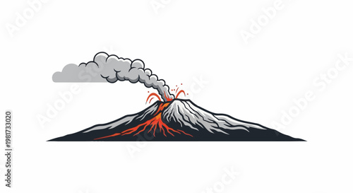 Erupting volcano with molten lava flows and smoke plume