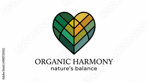 A beautifully crafted heart logo reflects organic harmony with shades of green and gold, symbolizing balance in nature for brands focused on sustainability and wellness.