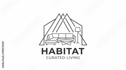 A stylish minimalist logo representing curated living, featuring mountains and furniture, reflecting simplicity, elegance, and a modern lifestyle for an innovative home brand.