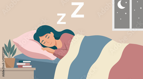 A serene image of a woman sleeping peacefully in her bedroom, surrounded by cozy blankets and books, evoking feelings of comfort, relaxation, and tranquility in the night.