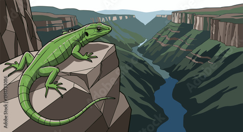 Green lizard perched on a rock overlooking a deep canyon with a river