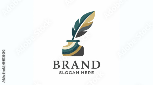 A modern logo design featuring a quill in an ink pot, symbolizing creativity and the art of writing, ideal for brands focused on literature and creative expression.
