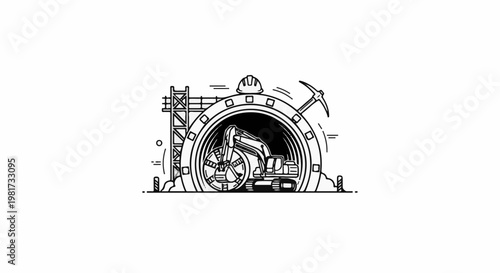 Excavator and pickaxe working on tunnel construction with scaffolding