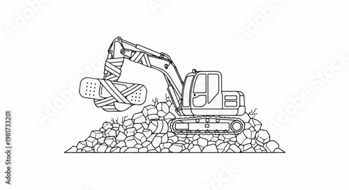 Excavator with bandaged bucket digging pile of rocks