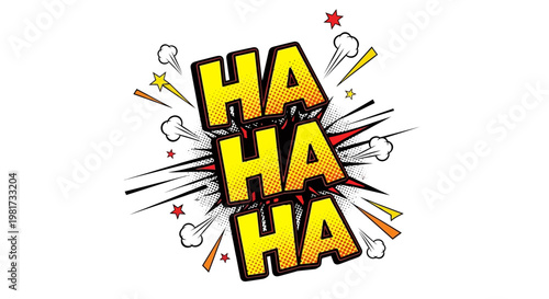 Konstfotografi Comic Book Style Ha Ha Ha Laughter Sound Effect with Stars and Explosion