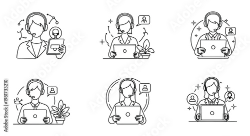 Line art illustrations depicting customer service representatives with technology