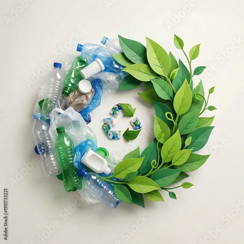 Recycling wreath made of plastic bottles and green leaves with a recycling symbol