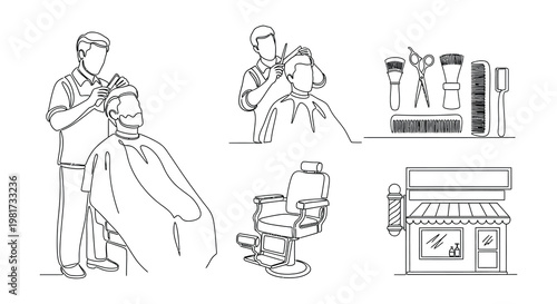Barber shop icons depicting haircuts shaves and traditional tools