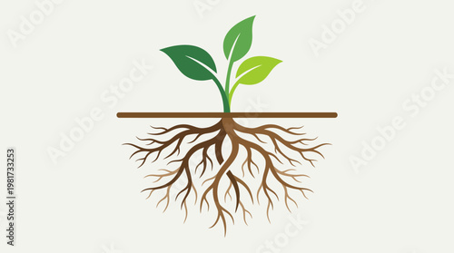 An artistic representation of a plant sprouting from the ground, showcasing its roots. It symbolizes growth, life, and the importance of nature in sustaining ecosystems and human life.