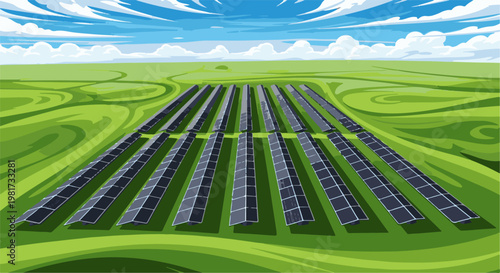 Expansive solar farm under a partly cloudy blue sky, green rolling hills