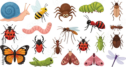 Insect collection set with beetles butterflies caterpillars ants spiders and bugs, colorful nature entomology illustration pack isolated on white background