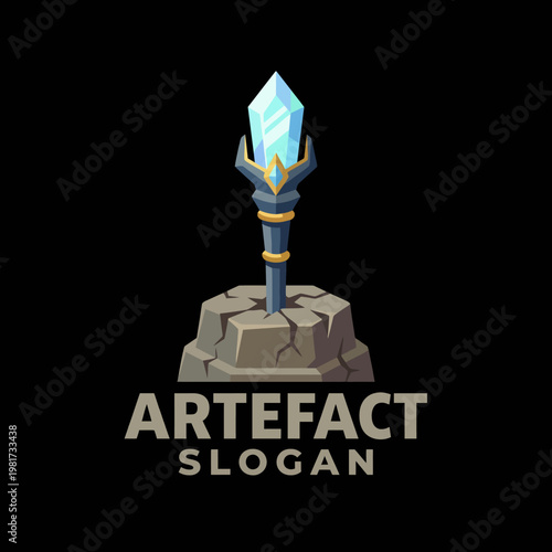 This striking logo features a mystical artefact with a crystal atop a pedestal, symbolizing power and enchantment, perfect for gaming or fantasy-themed brands.