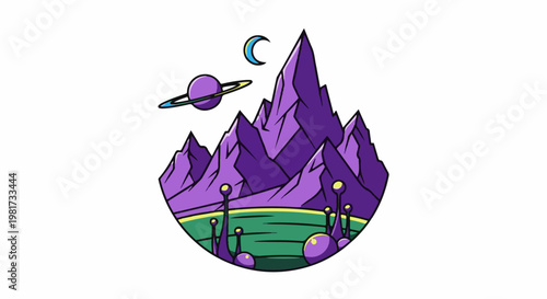 Extraterrestrial landscape with purple mountains, planets, and strange flora