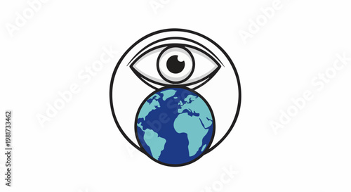 Eye overseeing planet earth within a circular outline