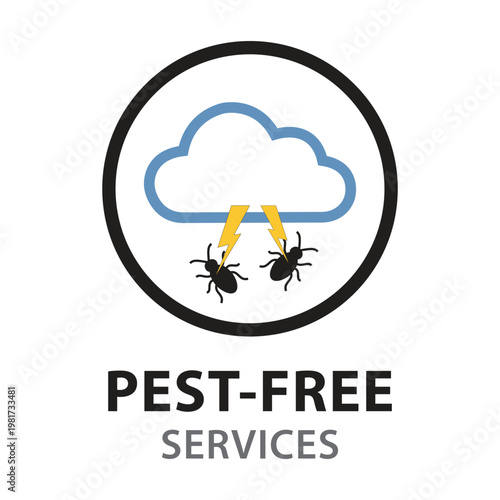 Pest-Free Services Logo Featuring a Cloud and Lightning Bolts Striking Insects for Professional Extermination and Hygiene Branding